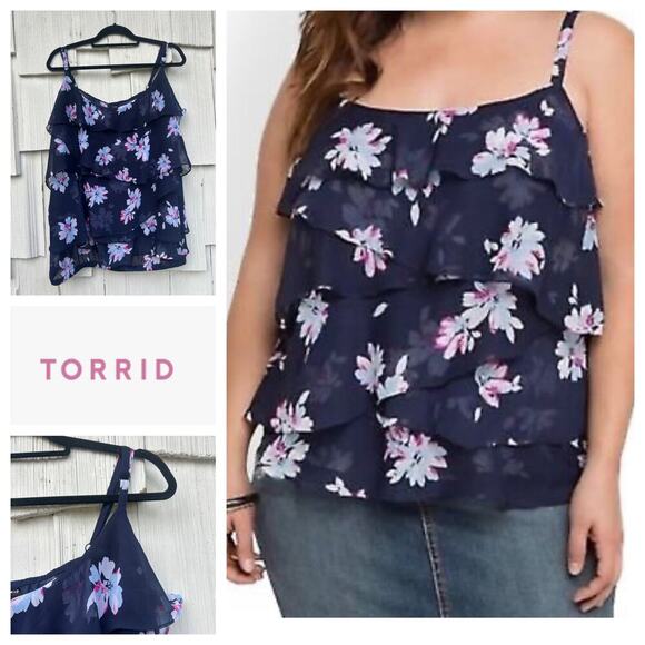 Torrid Chiffon Layered Floral Print Cami Top Ruffled Sleeveless Blue Pink Sz 5 - Picture 1 of 6